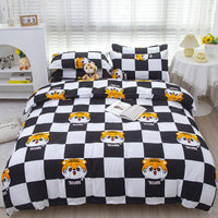 HKM-475347 Korean-style Brushed Bedding Set with Plant and Flower Pattern, Includes Duvet Cover and Pillowcases, 1.2m Size