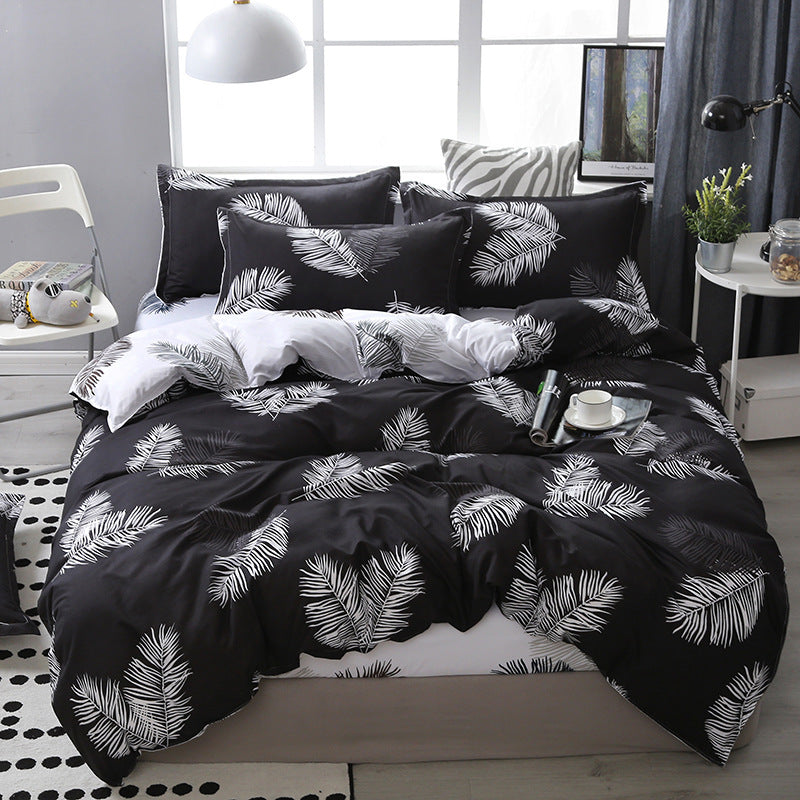HKM-475347 Korean-style Brushed Bedding Set with Plant and Flower Pattern, Includes Duvet Cover and Pillowcases, 1.2m Size