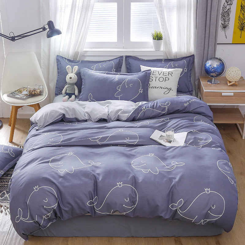 HKM-475347 Korean-style Brushed Bedding Set with Plant and Flower Pattern, Includes Duvet Cover and Pillowcases, 1.2m Size