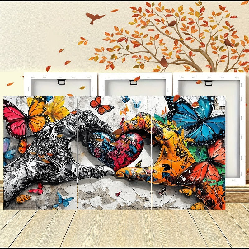 HKM-475603 Framed 3pcs Love Heart Graffiti Canvas Wall Art Set for Living and Dining Room Decor