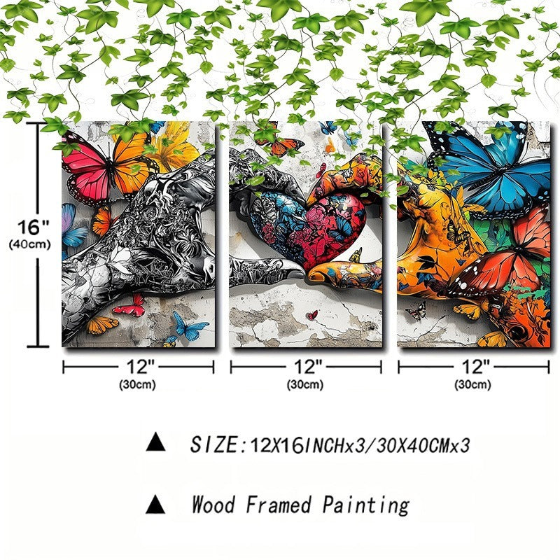 HKM-475603 Framed 3pcs Love Heart Graffiti Canvas Wall Art Set for Living and Dining Room Decor