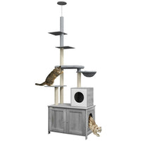 HKM-475667 Gray Cat Tree with Litter Box Enclosure, Adjustable Floor-to-Ceiling Cat Tower with Condo, Hammock, and Scratching Posts