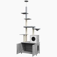 HKM-475667 Gray Cat Tree with Litter Box Enclosure, Adjustable Floor-to-Ceiling Cat Tower with Condo, Hammock, and Scratching Posts