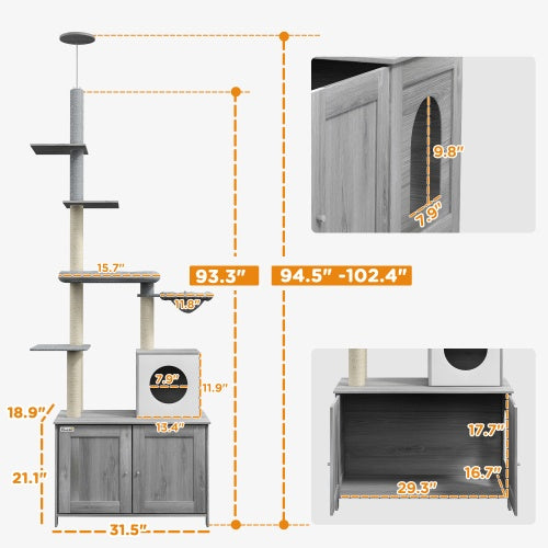 HKM-475667 Gray Cat Tree with Litter Box Enclosure, Adjustable Floor-to-Ceiling Cat Tower with Condo, Hammock, and Scratching Posts
