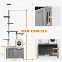 HKM-475667 Gray Cat Tree with Litter Box Enclosure, Adjustable Floor-to-Ceiling Cat Tower with Condo, Hammock, and Scratching Posts