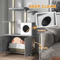 HKM-475667 Gray Cat Tree with Litter Box Enclosure, Adjustable Floor-to-Ceiling Cat Tower with Condo, Hammock, and Scratching Posts