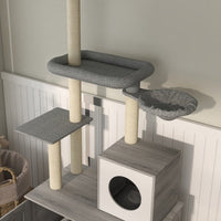 HKM-475667 Gray Cat Tree with Litter Box Enclosure, Adjustable Floor-to-Ceiling Cat Tower with Condo, Hammock, and Scratching Posts