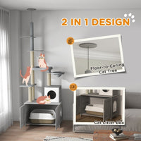 HKM-475667 Gray Cat Tree with Litter Box Enclosure, Adjustable Floor-to-Ceiling Cat Tower with Condo, Hammock, and Scratching Posts