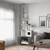 HKM-475667 Gray Cat Tree with Litter Box Enclosure, Adjustable Floor-to-Ceiling Cat Tower with Condo, Hammock, and Scratching Posts