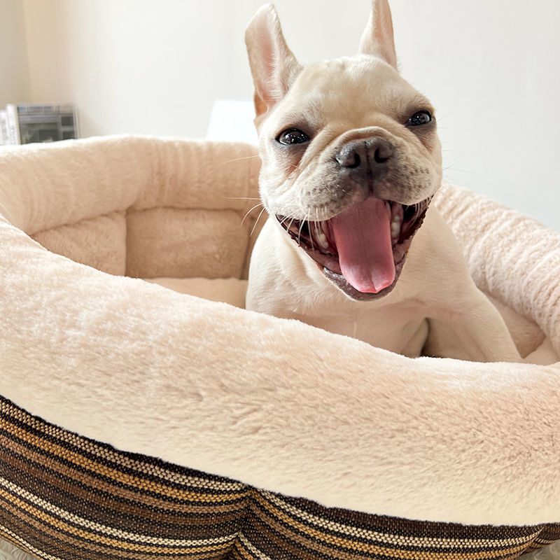 HKM-475795 Indoor Semi-Closed Pet Bed in Striped Linen with Multiple Size Options