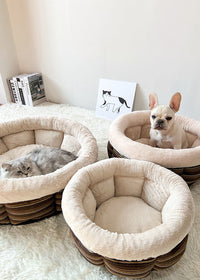 HKM-475795 Indoor Semi-Closed Pet Bed in Striped Linen with Multiple Size Options