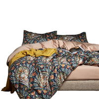 HKM-476435 Long-Staple Cotton Four-Piece Satin Sheet Set with Duvet Cover - Floral Design