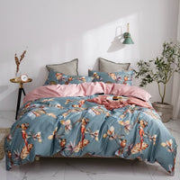HKM-476435 Long-Staple Cotton Four-Piece Satin Sheet Set with Duvet Cover - Floral Design