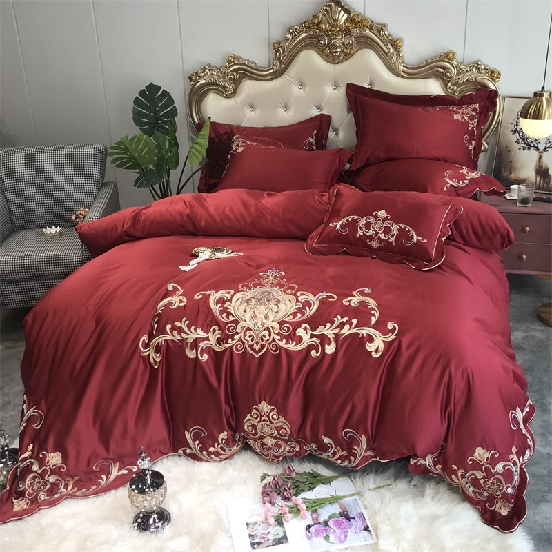 HKM-476499 Four-Piece Wedding Bedding Set with Red Embroidery Design in Various Colors