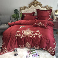 HKM-476499 Four-Piece Wedding Bedding Set with Red Embroidery Design in Various Colors