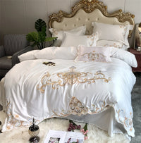 HKM-476499 Four-Piece Wedding Bedding Set with Red Embroidery Design in Various Colors