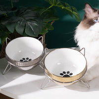 HKM-476691 Ceramic Anti-Overturning Small Dog Bowl with Stainless Steel Tripod - 500ml Capacity
