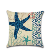 HKM-477203 Hand-Painted Marine Coral Seahorse Starfish Linen Print Pillowcase Cover 45x45cm