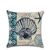 HKM-477203 Hand-Painted Marine Coral Seahorse Starfish Linen Print Pillowcase Cover 45x45cm