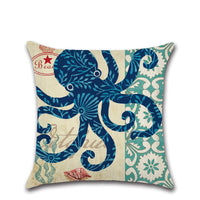 HKM-477203 Hand-Painted Marine Coral Seahorse Starfish Linen Print Pillowcase Cover 45x45cm