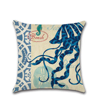 HKM-477203 Hand-Painted Marine Coral Seahorse Starfish Linen Print Pillowcase Cover 45x45cm