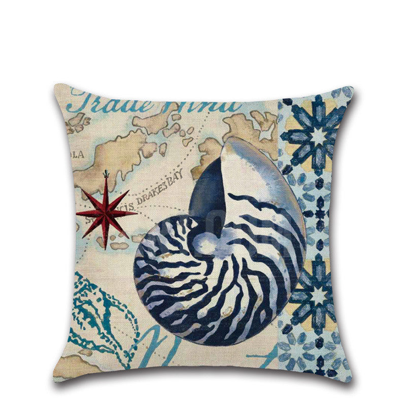 HKM-477203 Hand-Painted Marine Coral Seahorse Starfish Linen Print Pillowcase Cover 45x45cm