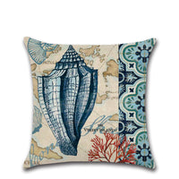 HKM-477203 Hand-Painted Marine Coral Seahorse Starfish Linen Print Pillowcase Cover 45x45cm