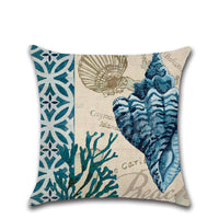 HKM-477203 Hand-Painted Marine Coral Seahorse Starfish Linen Print Pillowcase Cover 45x45cm