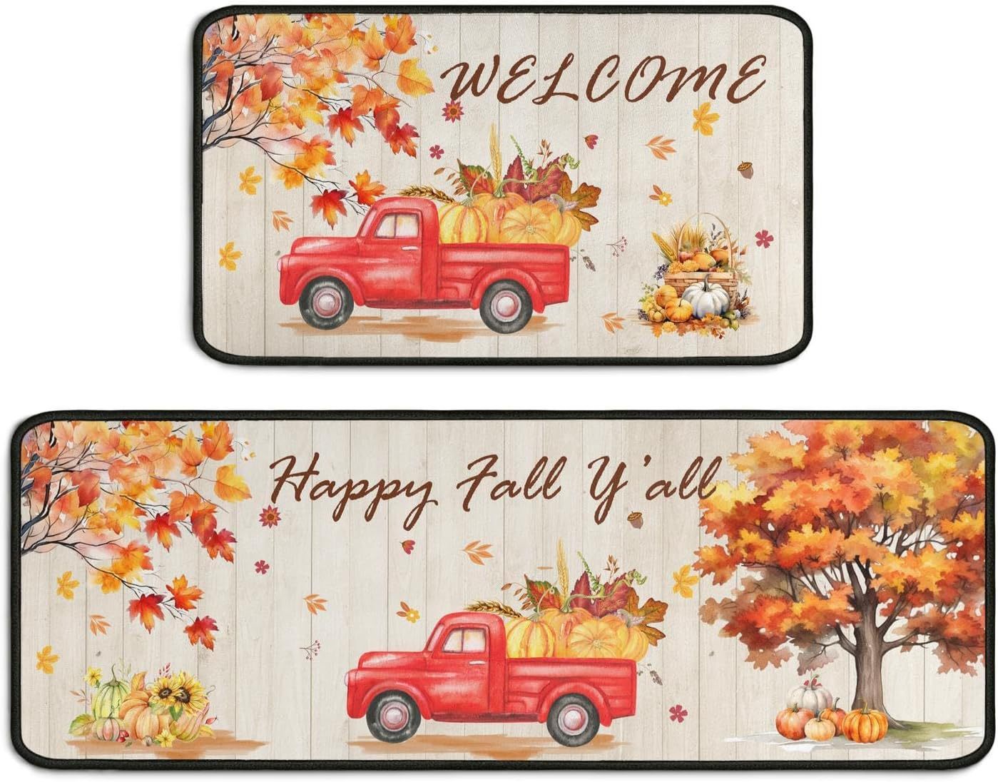 HKM-477715 Fall-Themed Non-Slip Anti-Fatigue Kitchen Mat Set - Waterproof and Heavy Duty Comfort Rug for Home and Office
