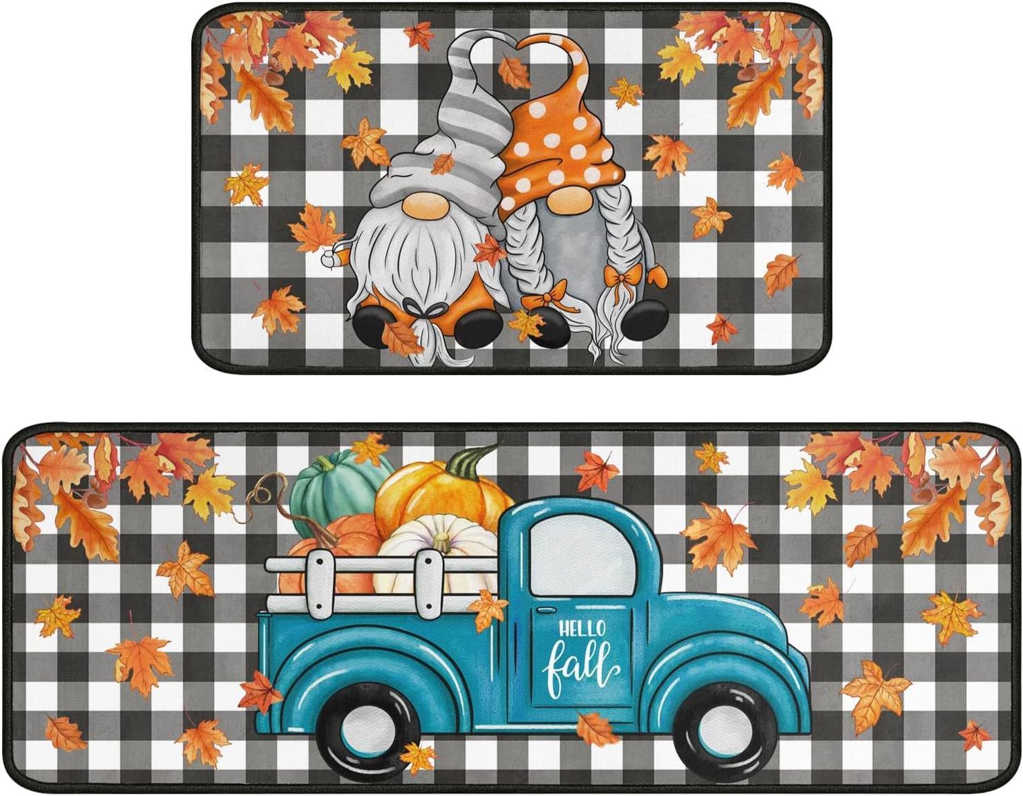 HKM-477715 Fall-Themed Non-Slip Anti-Fatigue Kitchen Mat Set - Waterproof and Heavy Duty Comfort Rug for Home and Office