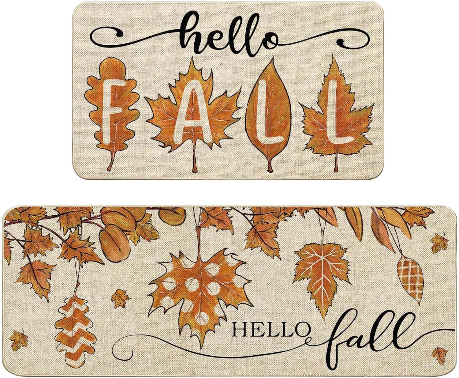 HKM-477715 Fall-Themed Non-Slip Anti-Fatigue Kitchen Mat Set - Waterproof and Heavy Duty Comfort Rug for Home and Office