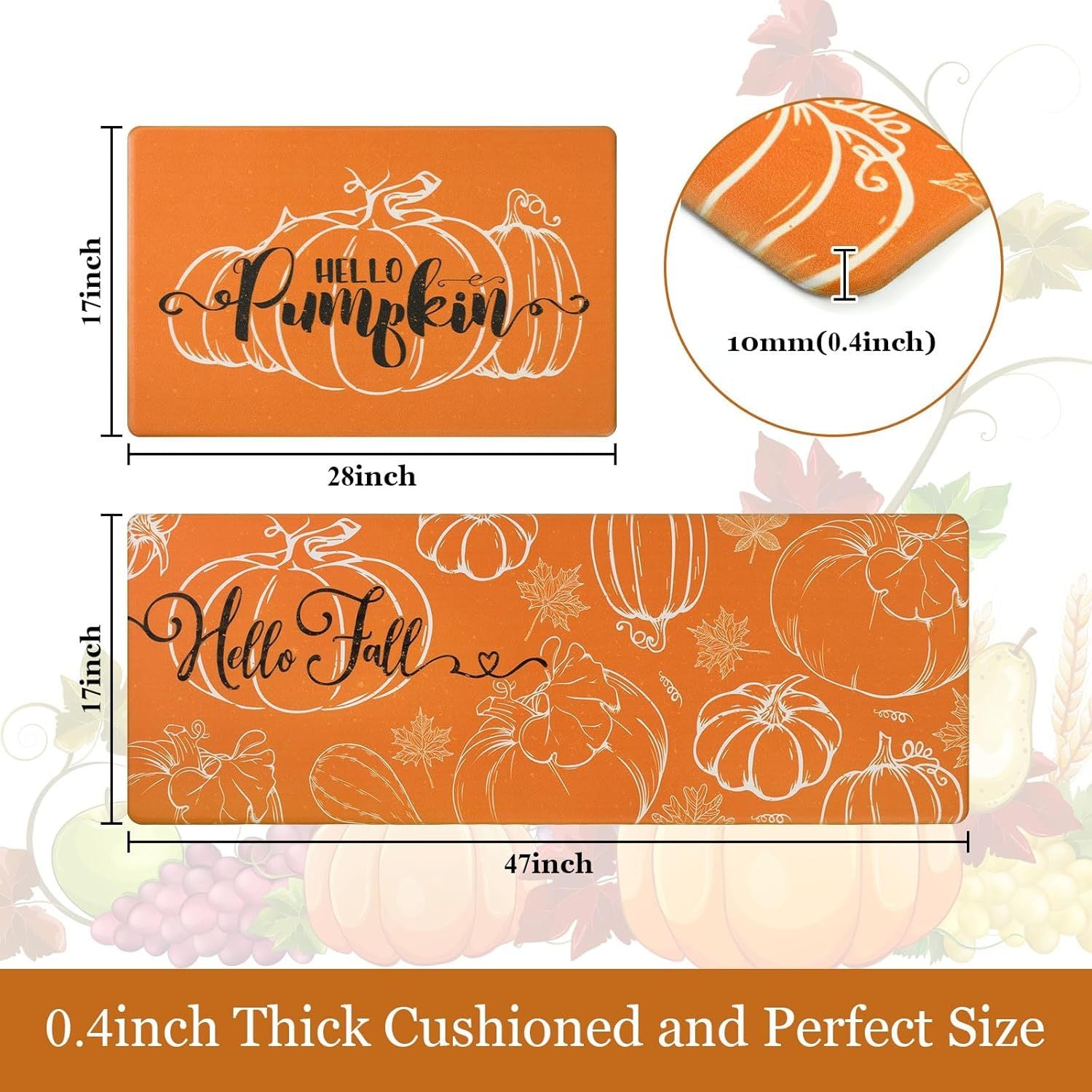 HKM-477715 Fall-Themed Non-Slip Anti-Fatigue Kitchen Mat Set - Waterproof and Heavy Duty Comfort Rug for Home and Office