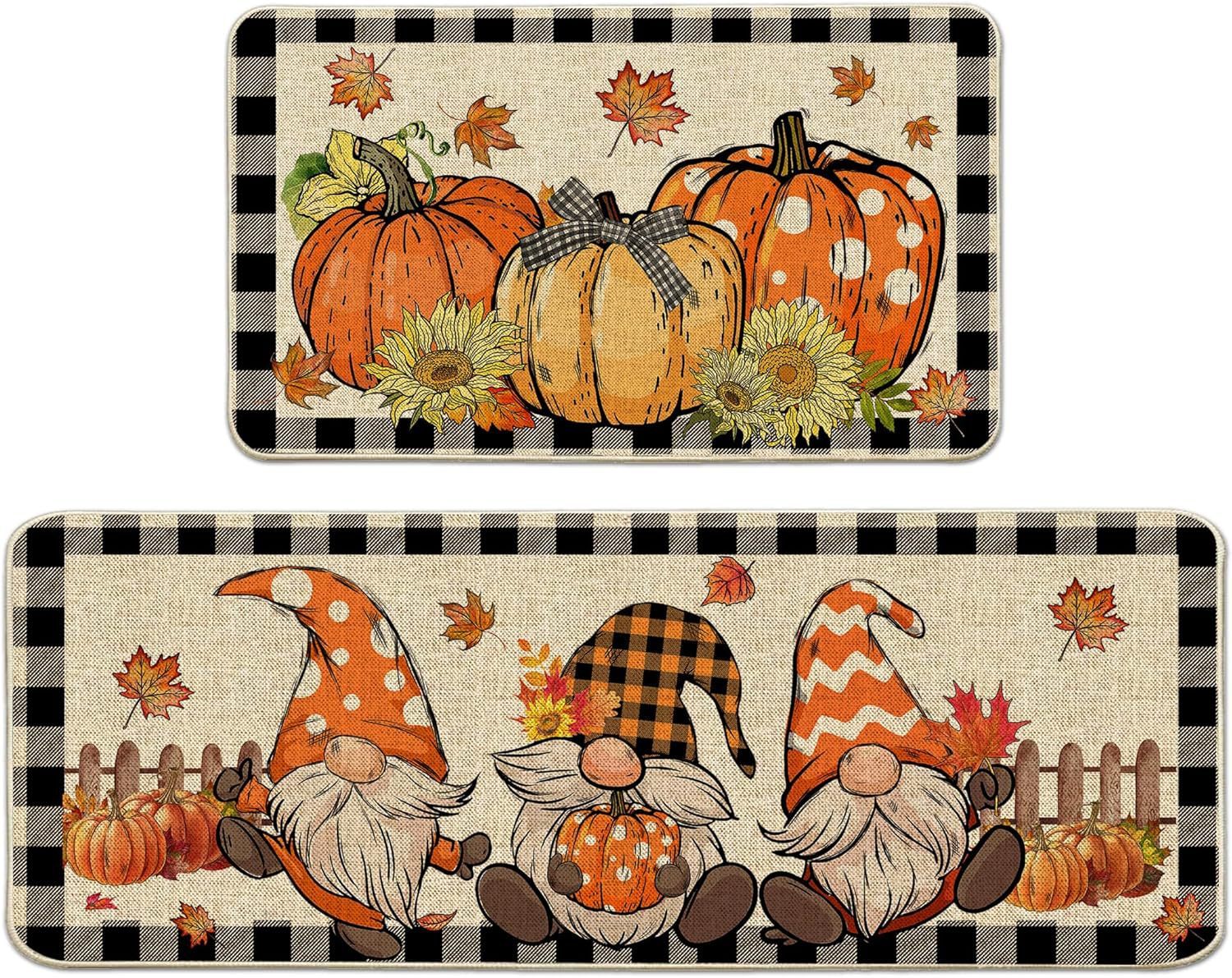 HKM-477715 Fall-Themed Non-Slip Anti-Fatigue Kitchen Mat Set - Waterproof and Heavy Duty Comfort Rug for Home and Office
