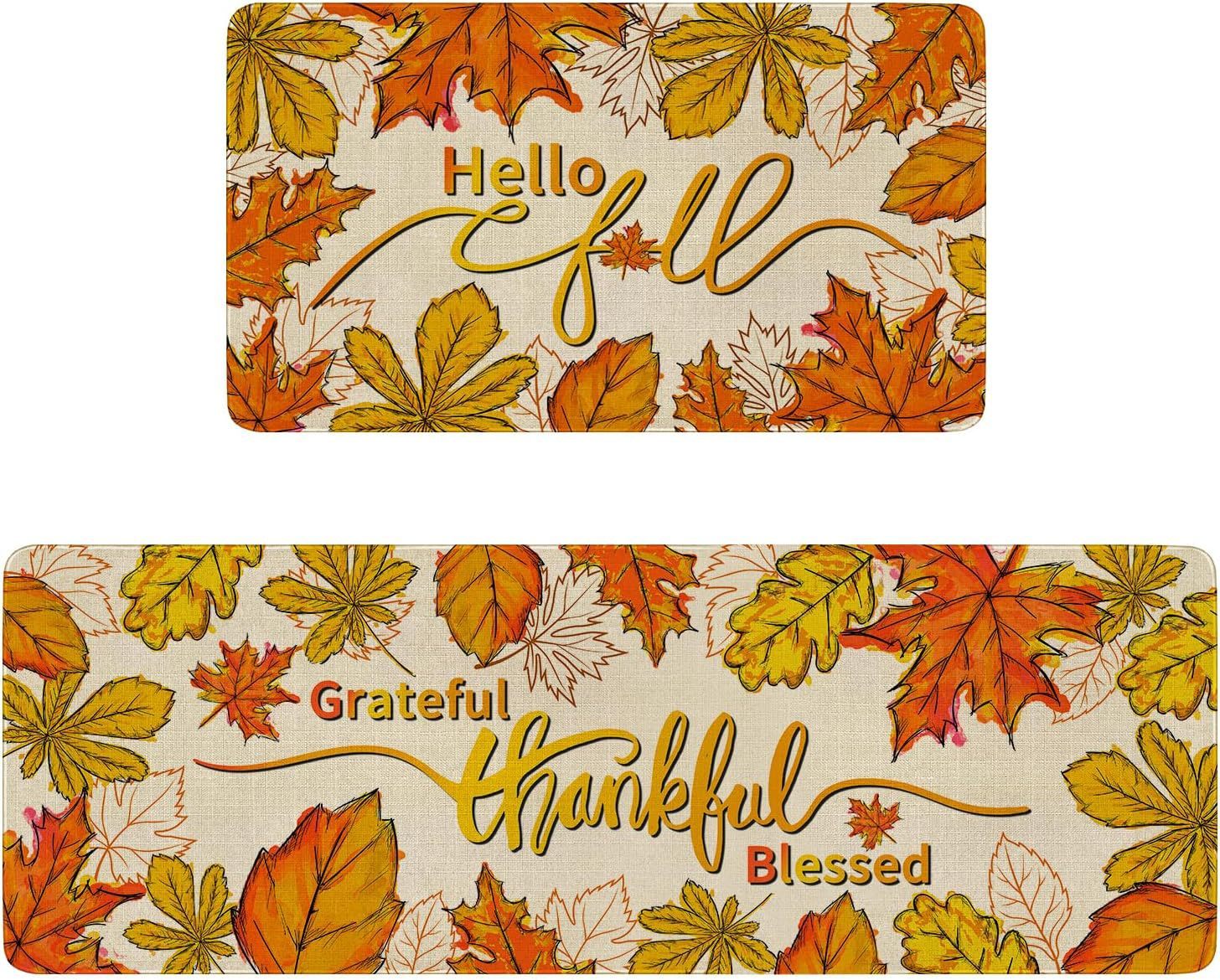 HKM-477715 Fall-Themed Non-Slip Anti-Fatigue Kitchen Mat Set - Waterproof and Heavy Duty Comfort Rug for Home and Office