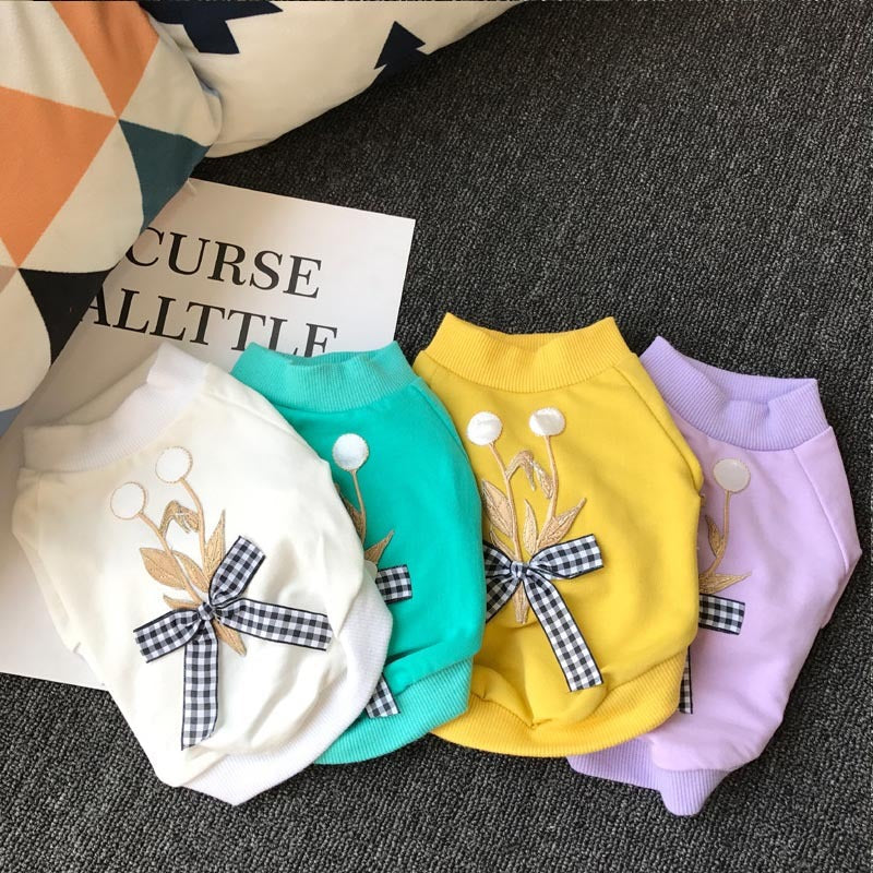 HKM-477779 Dandelion Bow Casual Cotton T-Shirt for Dogs in White and Yellow