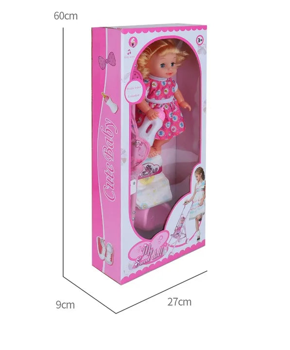 HKM-478611 14-Inch Vinyl Baby Doll Toy for Girls - Mini Stroller Playset, Ideal for Ages 2-7