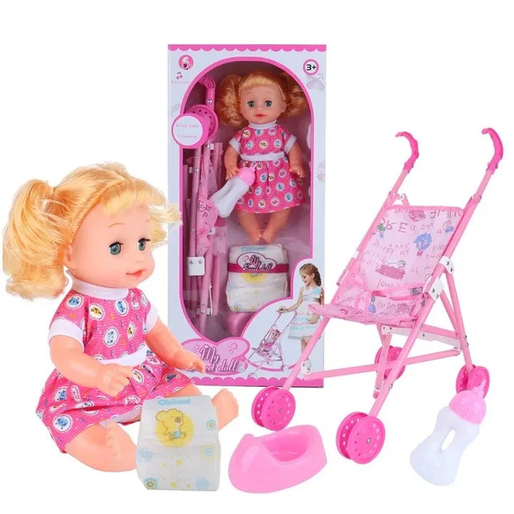 HKM-478611 14-Inch Vinyl Baby Doll Toy for Girls - Mini Stroller Playset, Ideal for Ages 2-7