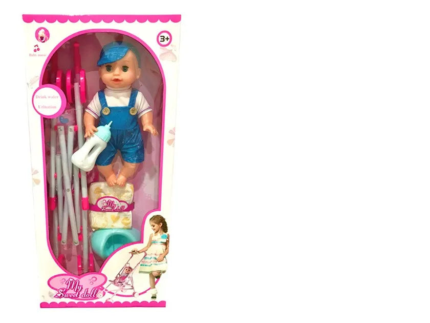 HKM-478611 14-Inch Vinyl Baby Doll Toy for Girls - Mini Stroller Playset, Ideal for Ages 2-7