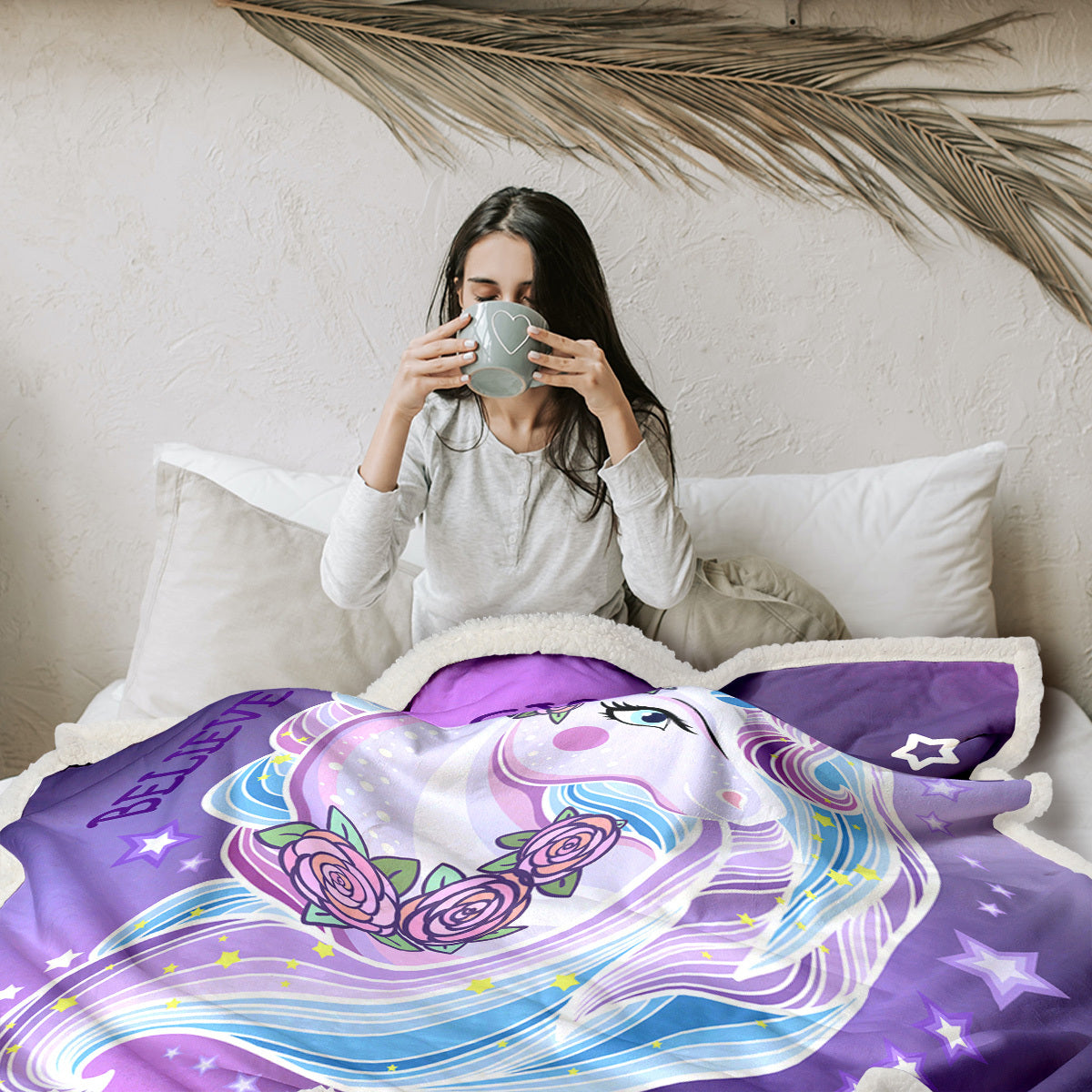 HKM-478803 Soft and Warm Unicorn-Themed Sherpa Fleece Blanket for Sofa, Office Naps, and Camping
