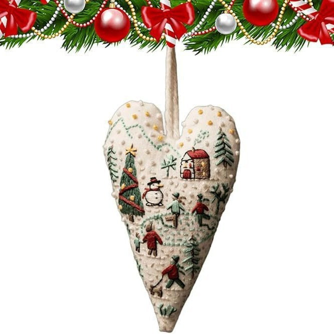 HKM-479763 Heart-Shaped Christmas Decorative Pendant Set - 8-Piece Fabric Embroidery Ornaments