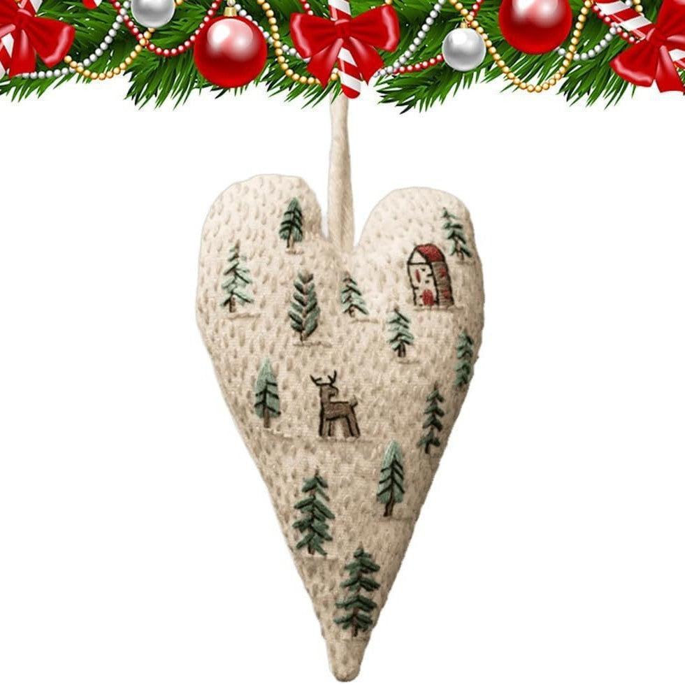 HKM-479763 Heart-Shaped Christmas Decorative Pendant Set - 8-Piece Fabric Embroidery Ornaments