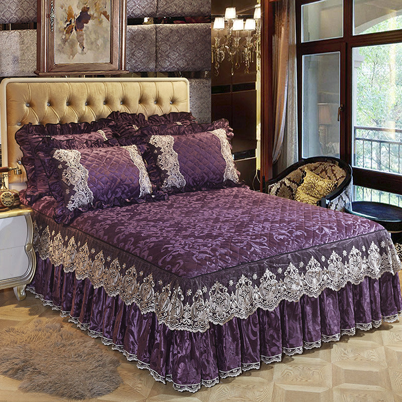 KTX-479763 Solid Color Velvet Quilted Bed Skirt Set for European Style Bedding