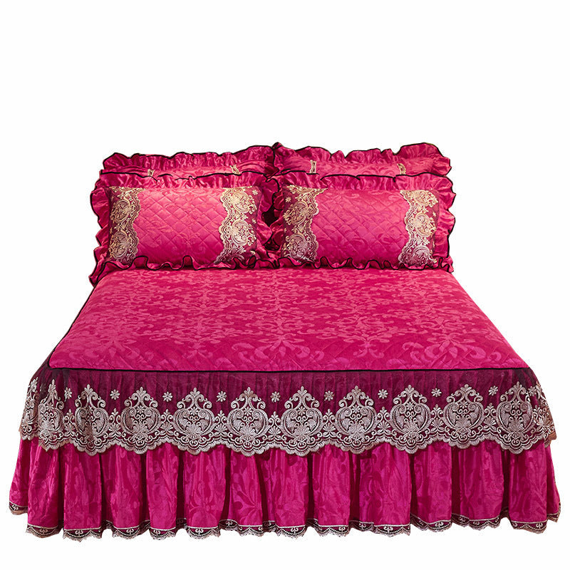 KTX-479763 Solid Color Velvet Quilted Bed Skirt Set for European Style Bedding