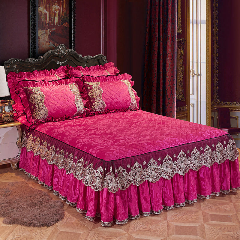 KTX-479763 Solid Color Velvet Quilted Bed Skirt Set for European Style Bedding