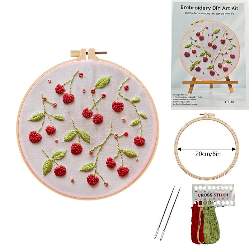KTX-479955 Embroidered Fabric Craft Set with Imitation Bamboo Frames – Cherry, Strawberry, Watermelon, Orange