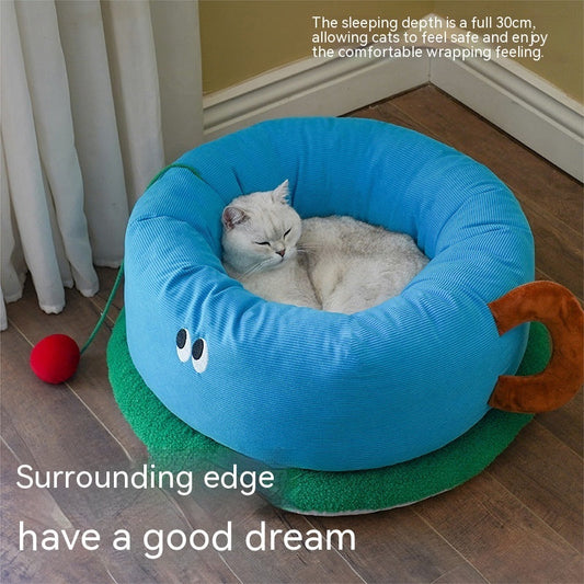 HKM-480403 Teacup Pet Bed for Cats and Small Dogs - Flannel and Polyester Fiber, Sky Blue - 65x65x30 cm