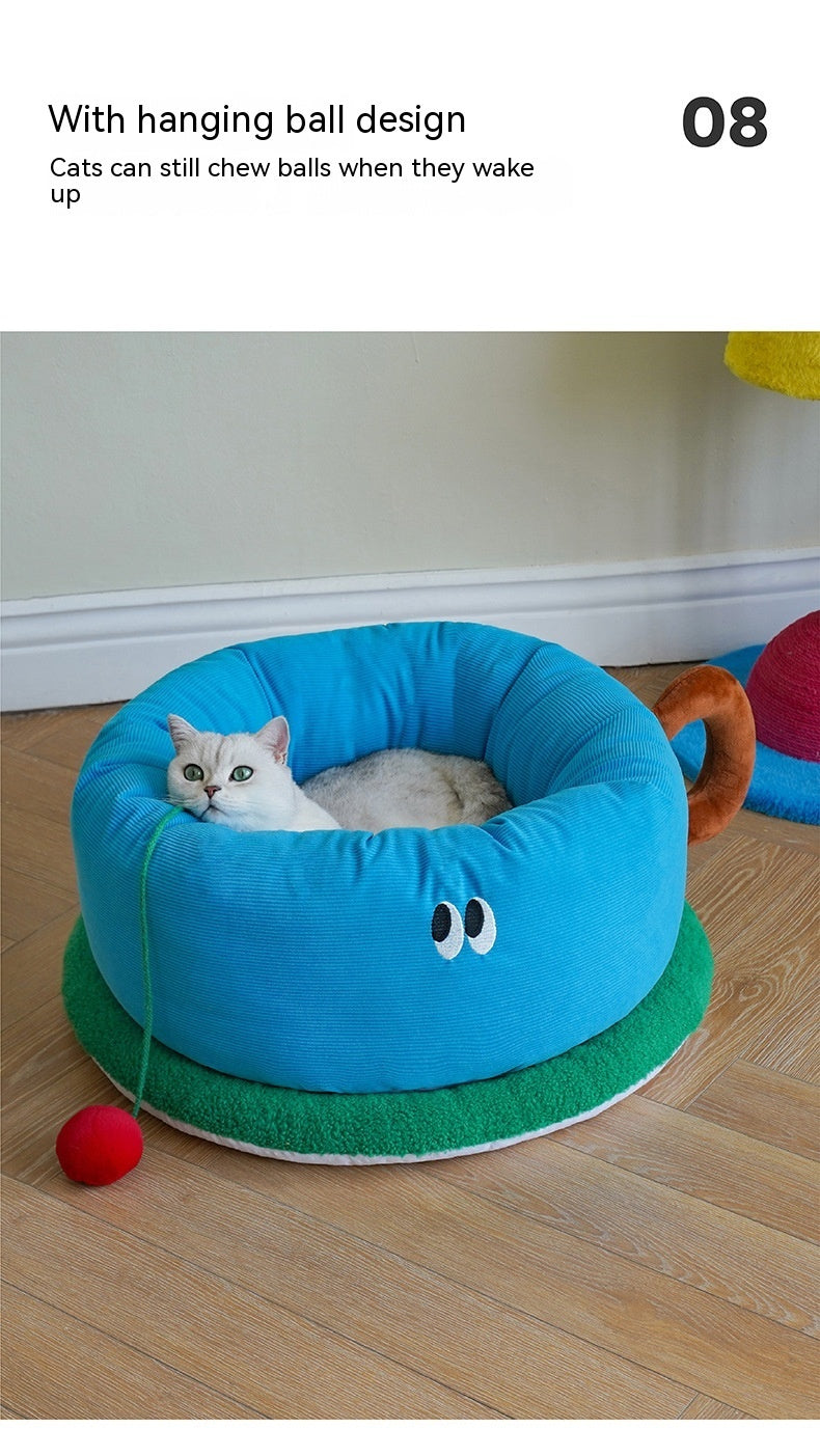HKM-480403 Teacup Pet Bed for Cats and Small Dogs - Flannel and Polyester Fiber, Sky Blue - 65x65x30 cm