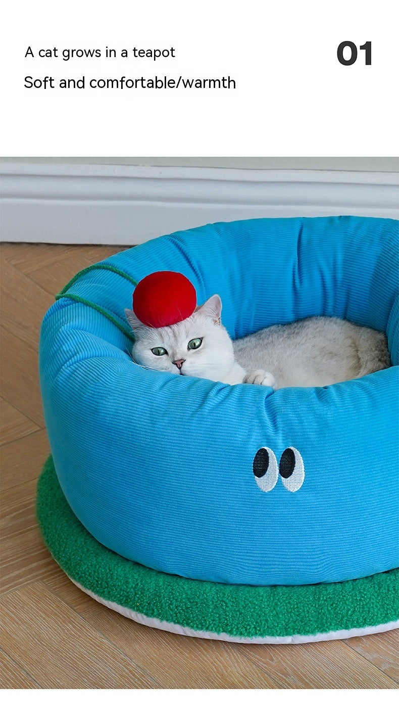 HKM-480403 Teacup Pet Bed for Cats and Small Dogs - Flannel and Polyester Fiber, Sky Blue - 65x65x30 cm