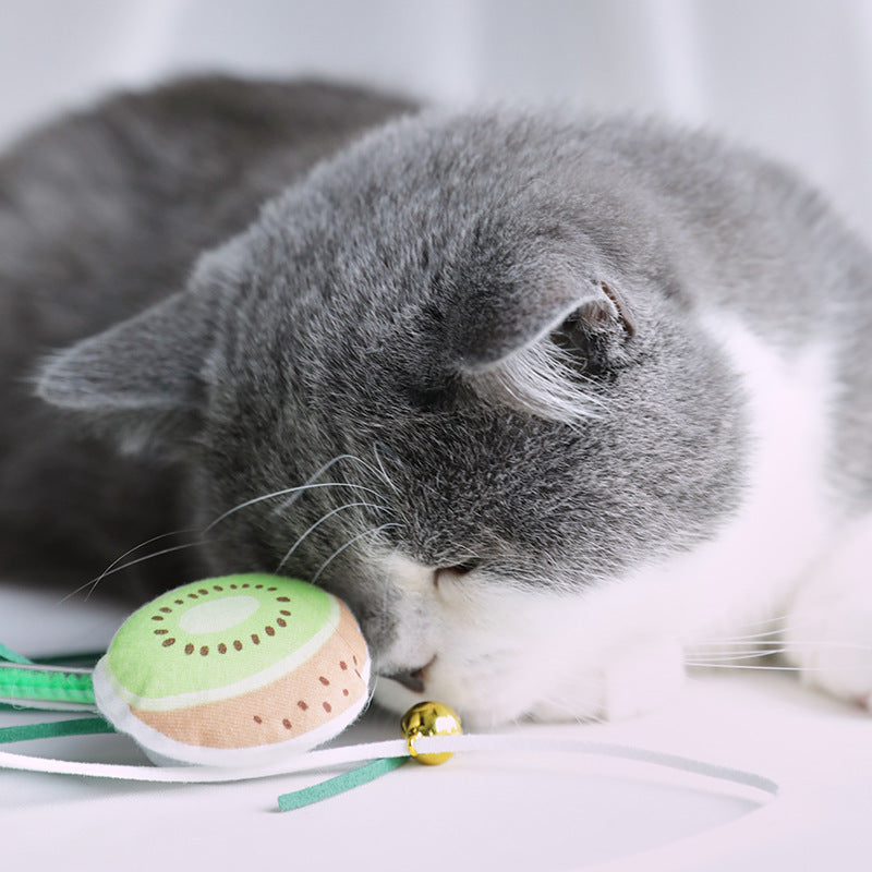 HKM-480595 Funny Cat Stick with Sounding Bells and Fruit-Shaped Tassels for Boredom Relief