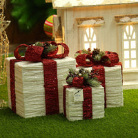 HKM-480723 Christmas Tree Decoration Wrought Iron Gift Box Set - Three-Piece Red & White Décor